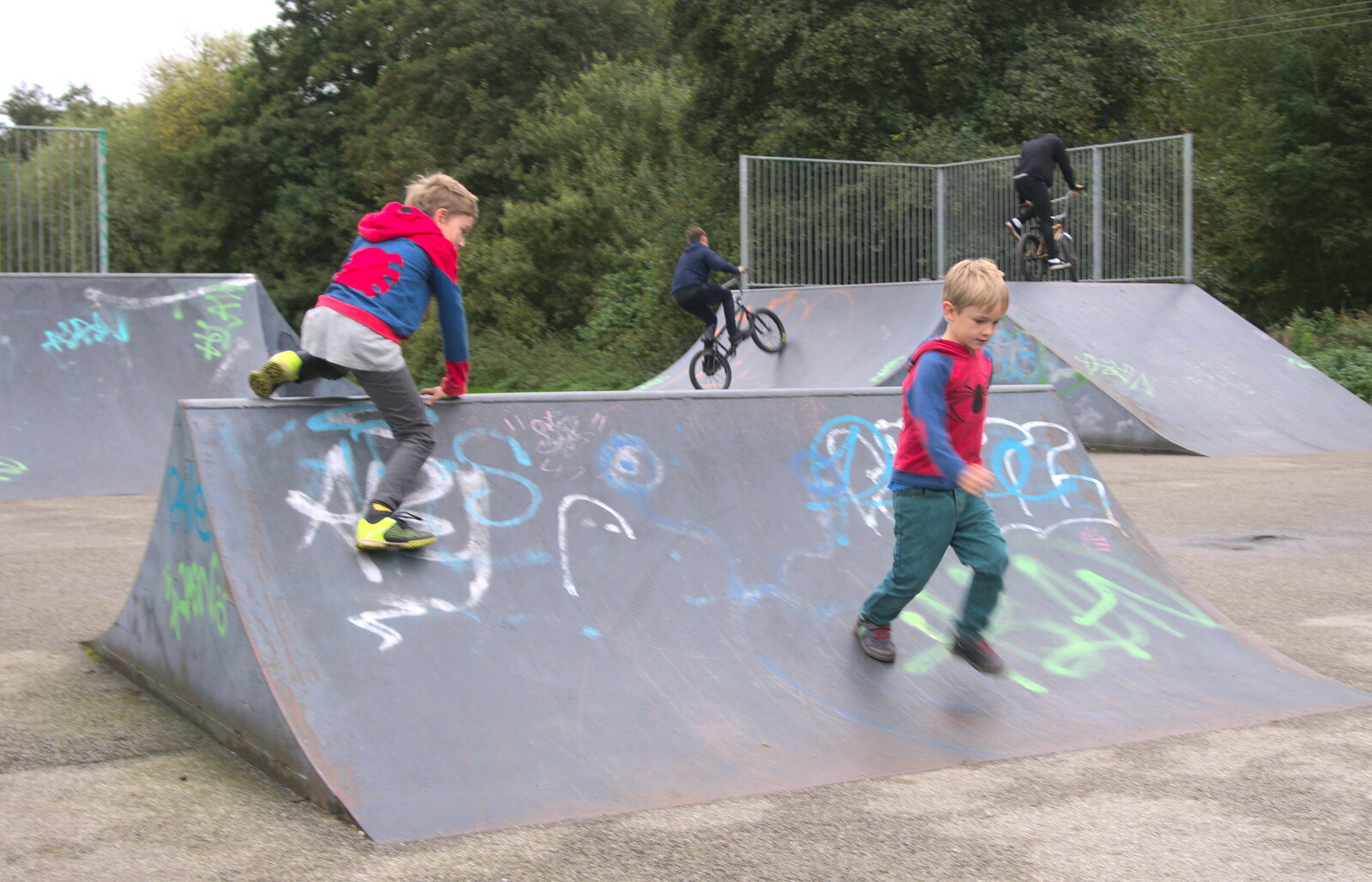 The boys run up and down ramps from Skate Parks and Orange Skies, Brome and Eye, Suffolk - 10th October 2017