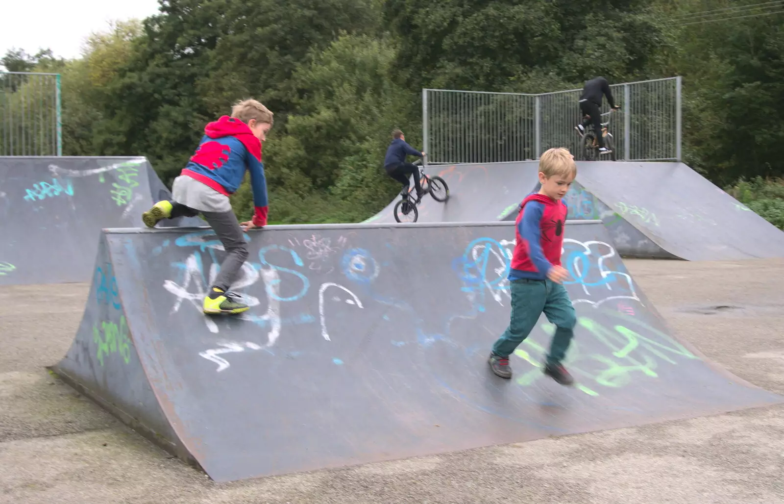 The boys run up and down ramps, from Skate Parks and Orange Skies, Brome and Eye, Suffolk - 10th October 2017