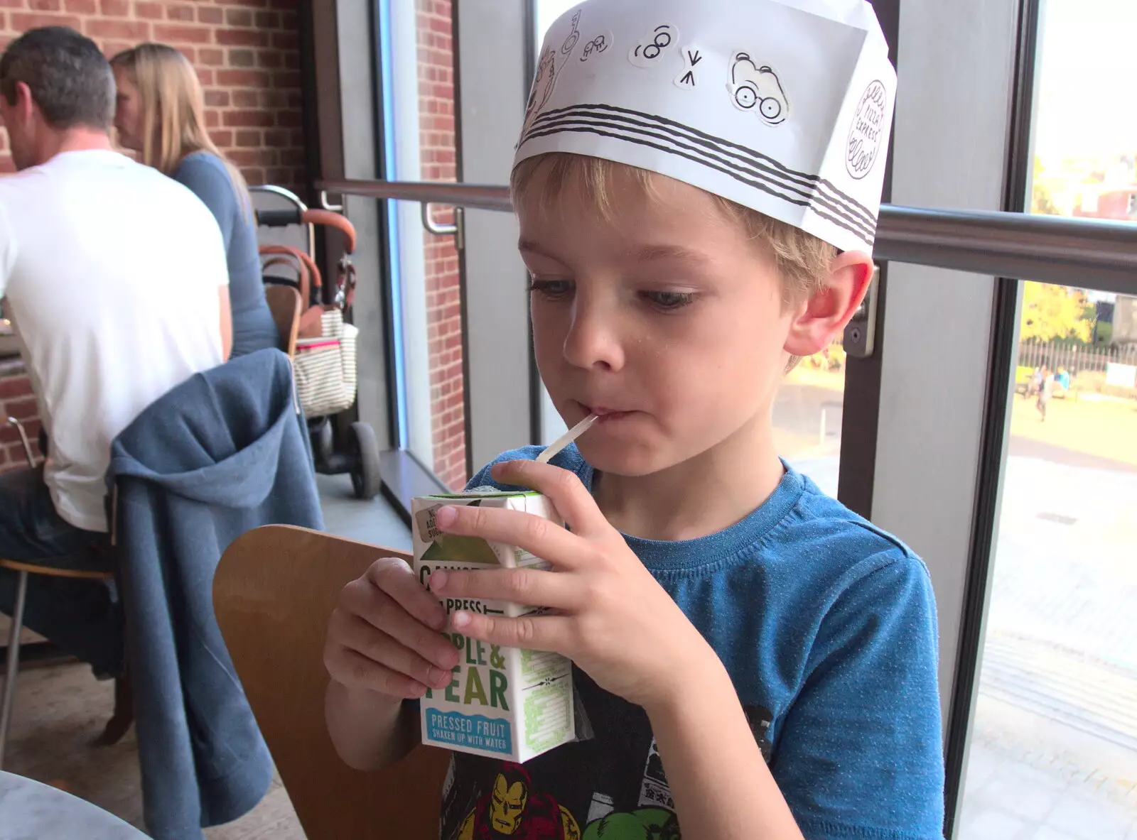 Harry slurps on apple and pear juice, from Trafalgar Day and Pizza, Norwich, Norfolk - 15th October 2017