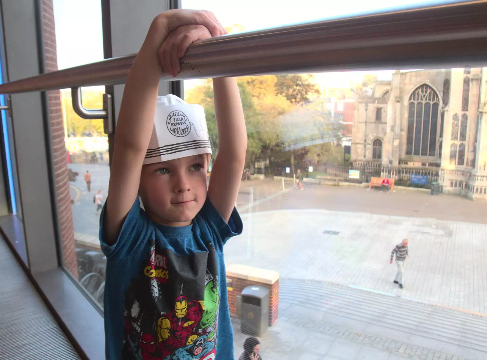 Harry hangs on to a pole, from Trafalgar Day and Pizza, Norwich, Norfolk - 15th October 2017