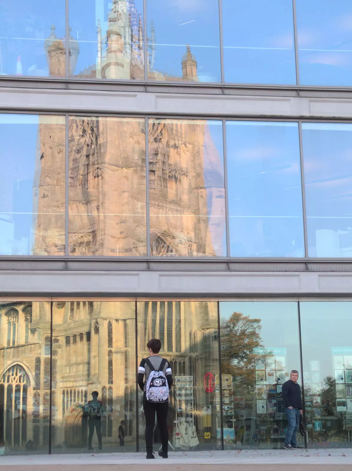 St. Peter Mancroft reflected in the Forum, from Trafalgar Day and Pizza, Norwich, Norfolk - 15th October 2017