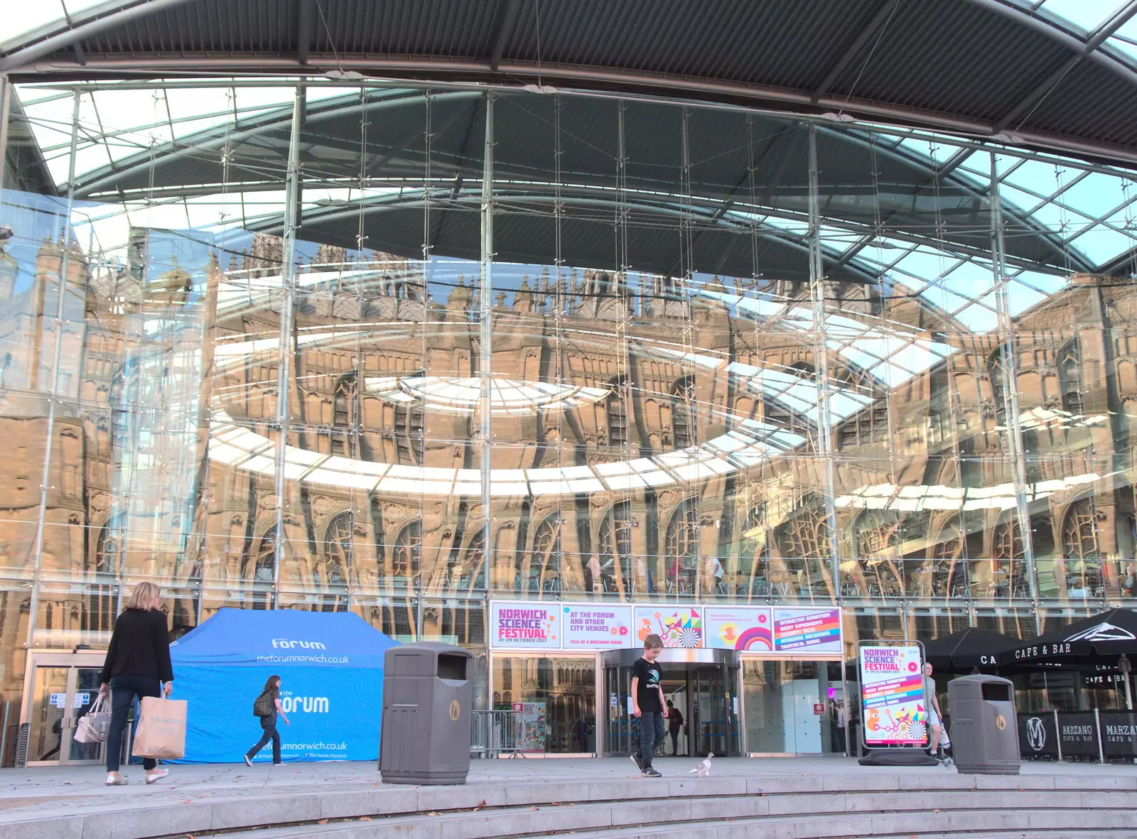 The church opposite is reflected in the Forum, from Trafalgar Day and Pizza, Norwich, Norfolk - 15th October 2017