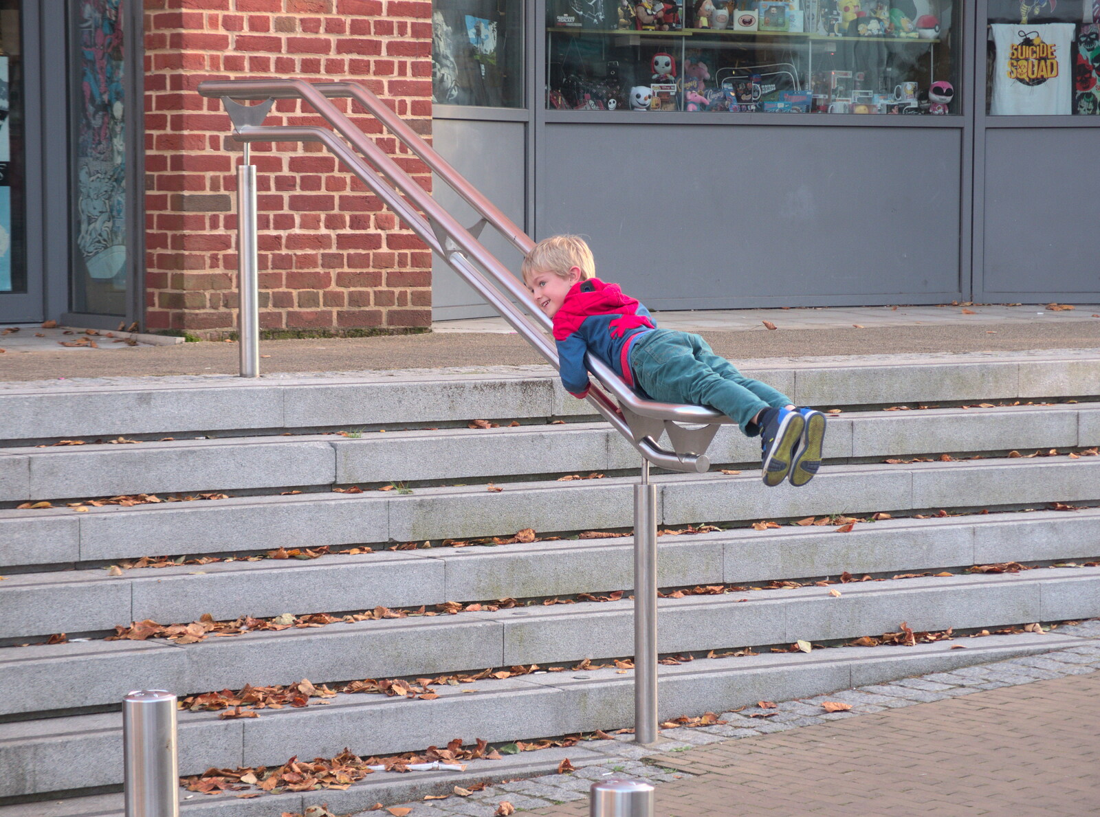 Harry on a hand rail from Trafalgar Day and Pizza, Norwich, Norfolk - 15th October 2017