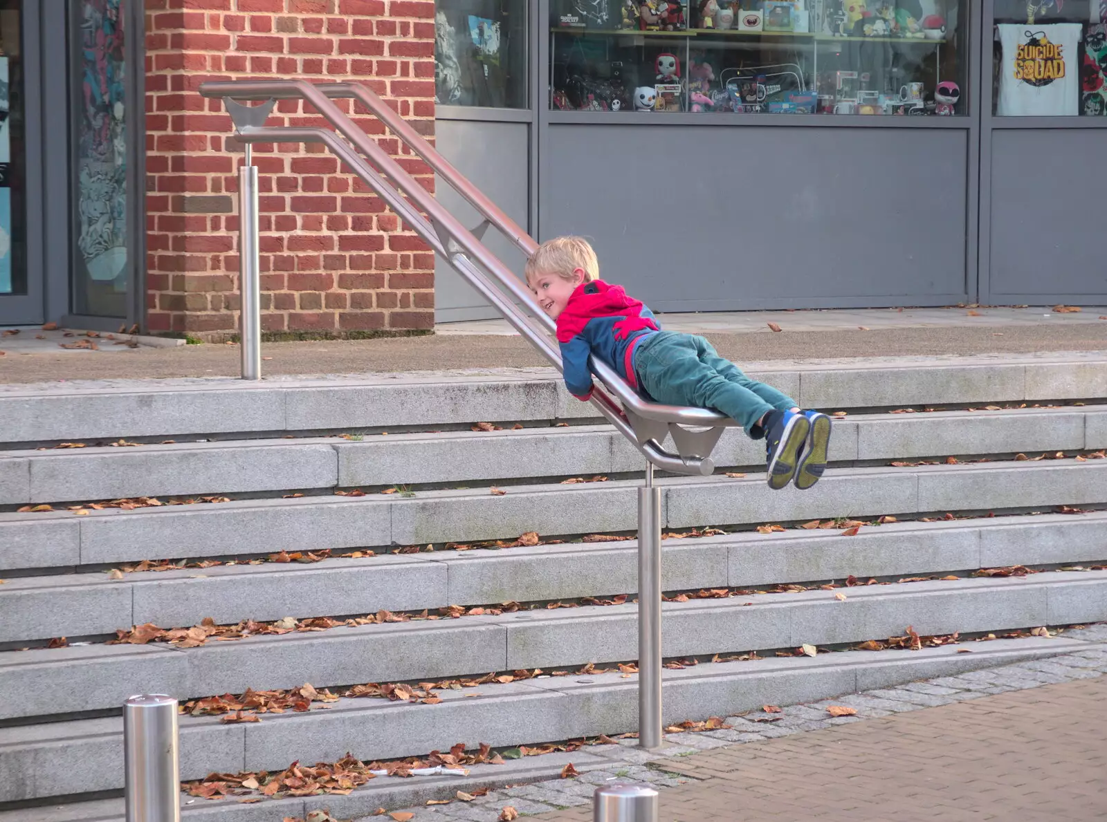 Harry on a hand rail, from Trafalgar Day and Pizza, Norwich, Norfolk - 15th October 2017