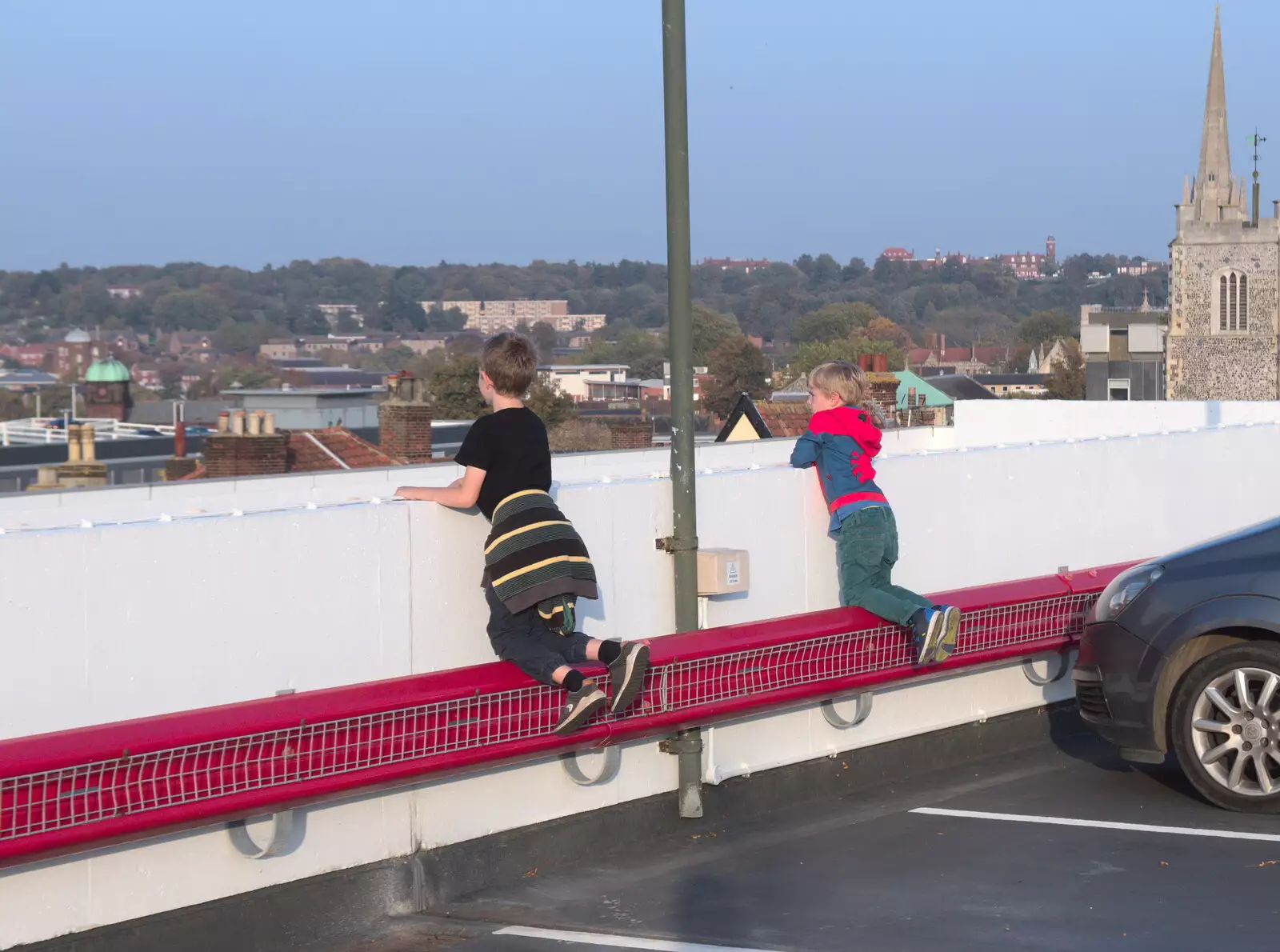 The boys gaze out over the city, from Trafalgar Day and Pizza, Norwich, Norfolk - 15th October 2017