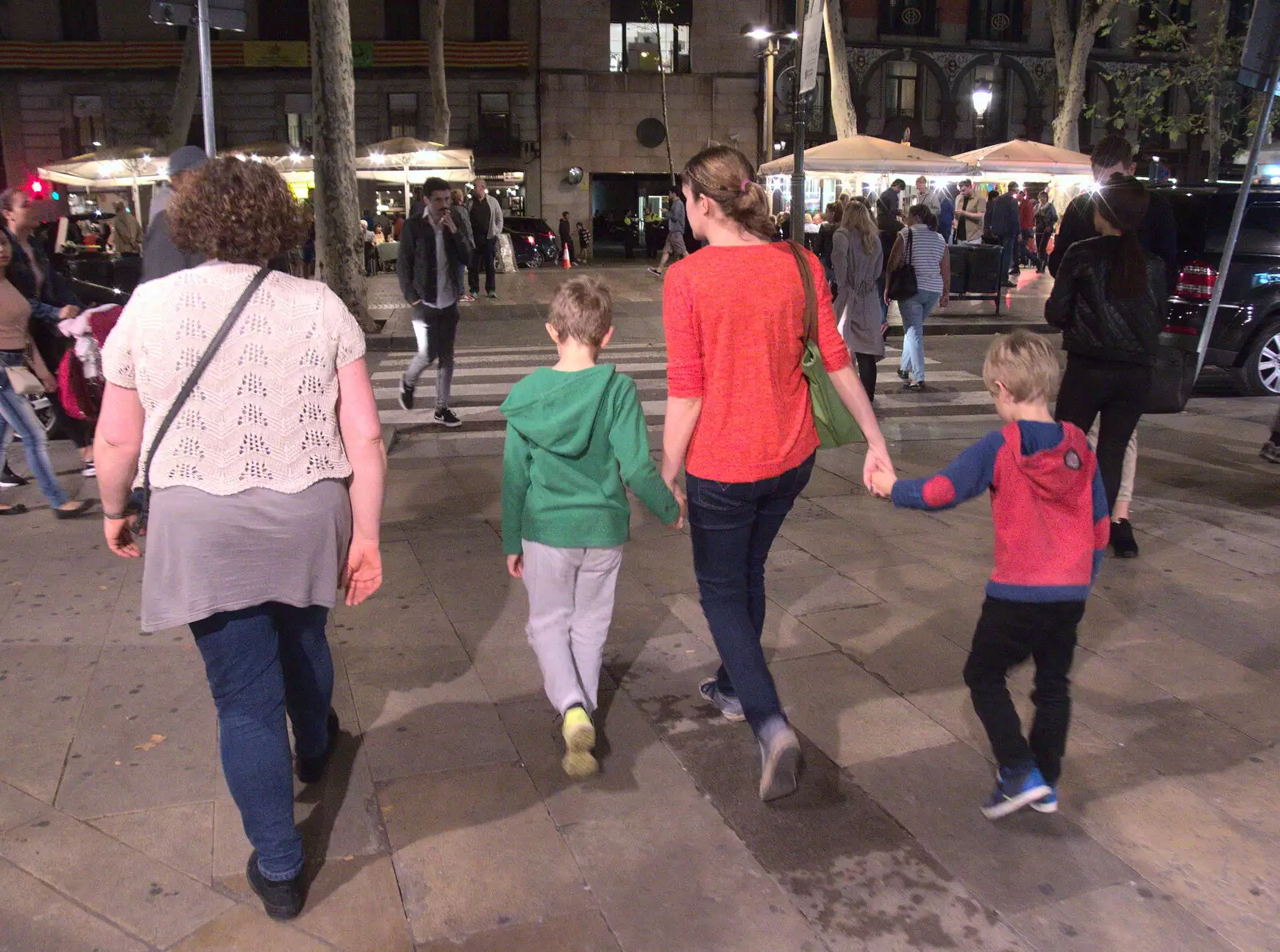 The gang crosses La Rambla, from Barcelona and Parc Montjuïc, Catalonia, Spain - 21st October 2017