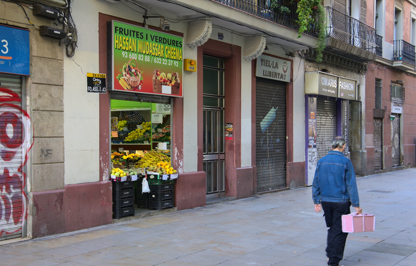 A fruit shop opens early from Barcelona and Parc Montjuïc, Catalonia, Spain - 21st October 2017