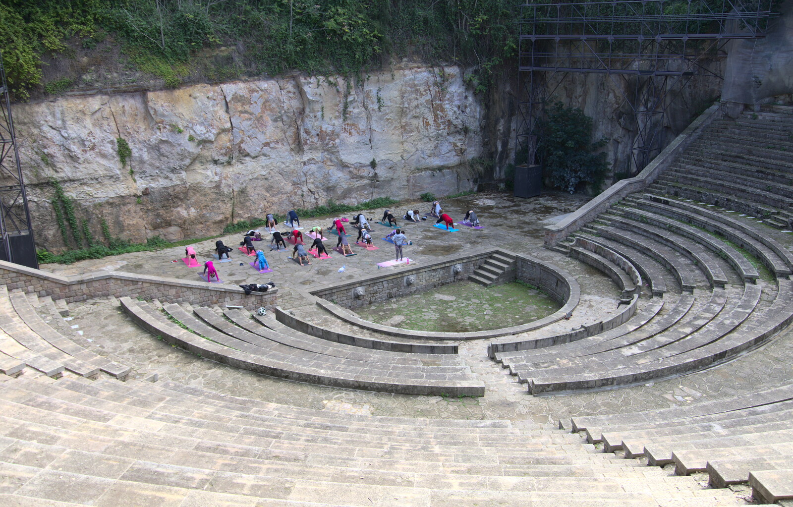 Yoga in an amphitheatre from Barcelona and Parc Montjuïc, Catalonia, Spain - 21st October 2017