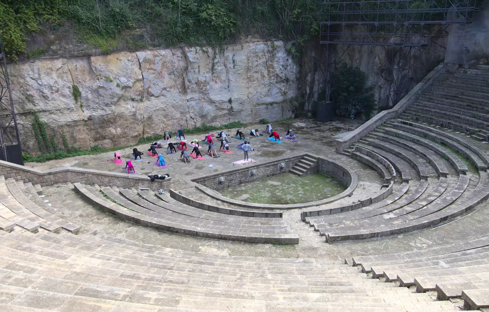 Yoga in an amphitheatre, from Barcelona and Parc Montjuïc, Catalonia, Spain - 21st October 2017