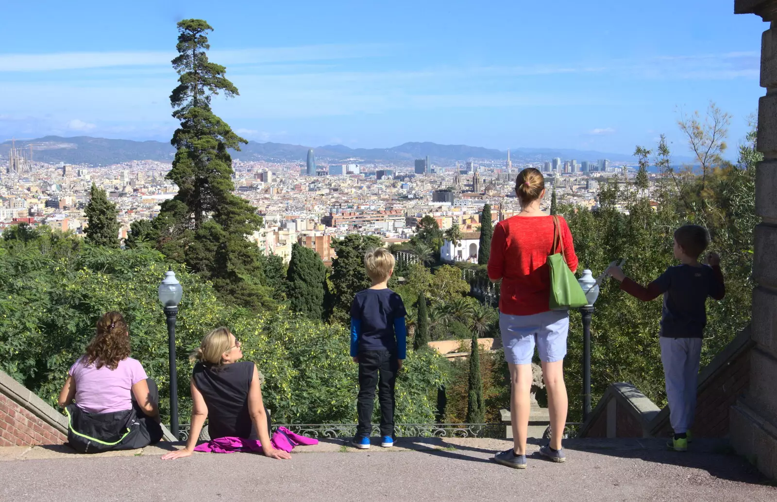 The gang looks out over Barcelona, from Barcelona and Parc Montjuïc, Catalonia, Spain - 21st October 2017