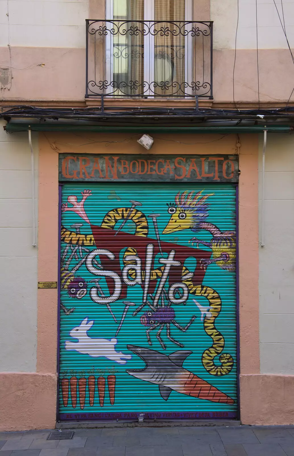 Spiders and sharks, in street art, from L'Aquarium de Barcelona, Port Vell, Catalonia, Spain - 23rd October 2017