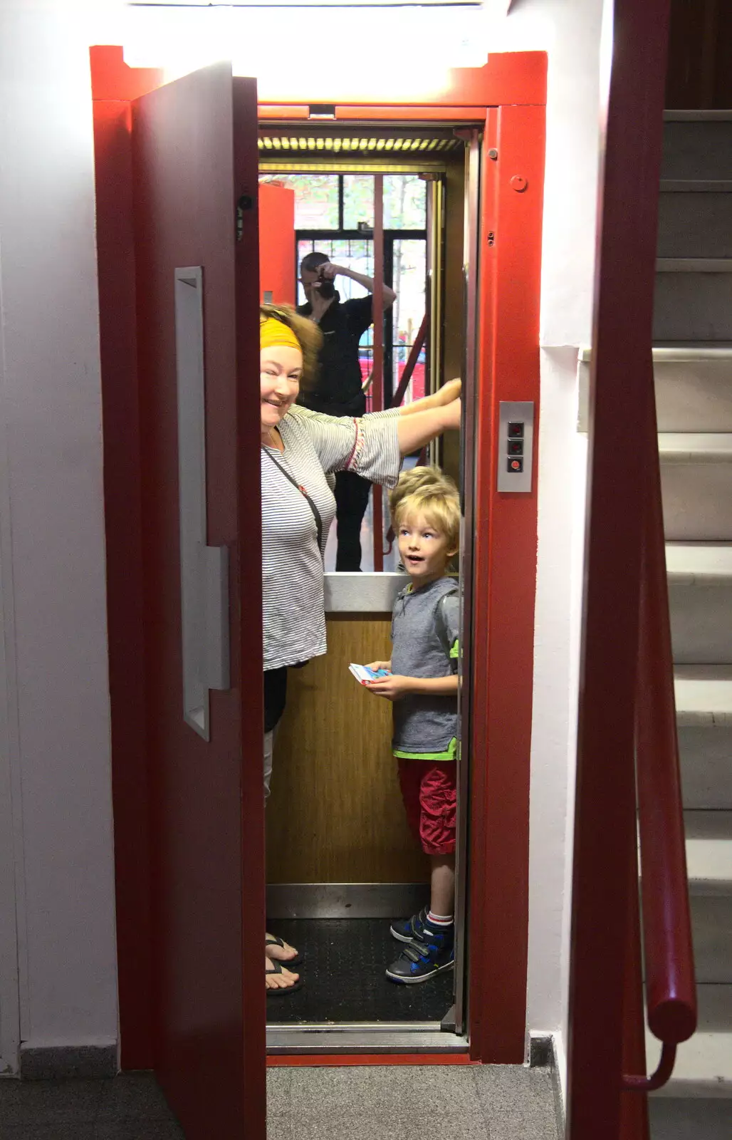 Louise and Harry cram in to the tiny lift, from A Barcelona Bus Tour, Catalonia, Spain - 25th October 2017