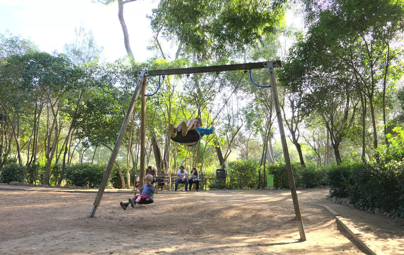 The boys do some swinging, from A Barcelona Bus Tour, Catalonia, Spain - 25th October 2017