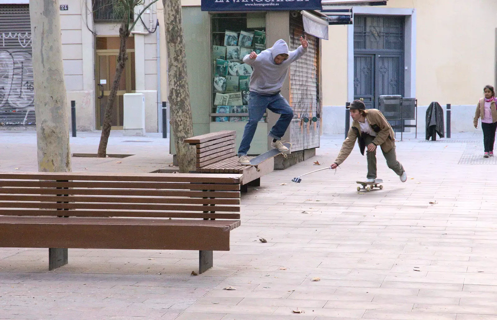 A camera on a stick films a skateboarder, from A Barcelona Bus Tour, Catalonia, Spain - 25th October 2017