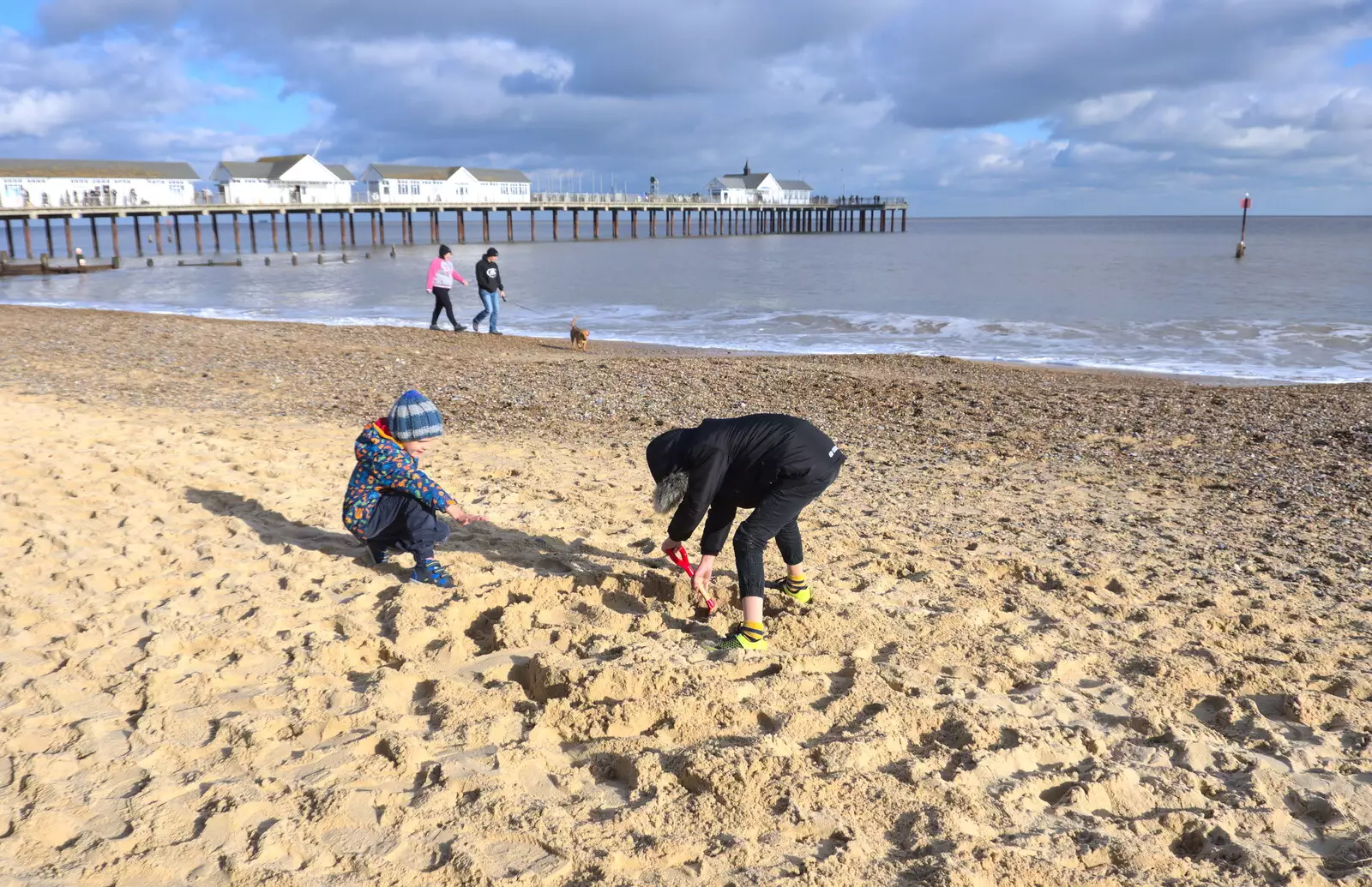 The boys dig in the sand, from A Trip to the Amusements, Southwold Pier, Southwold, Suffolk - 5th November 2017