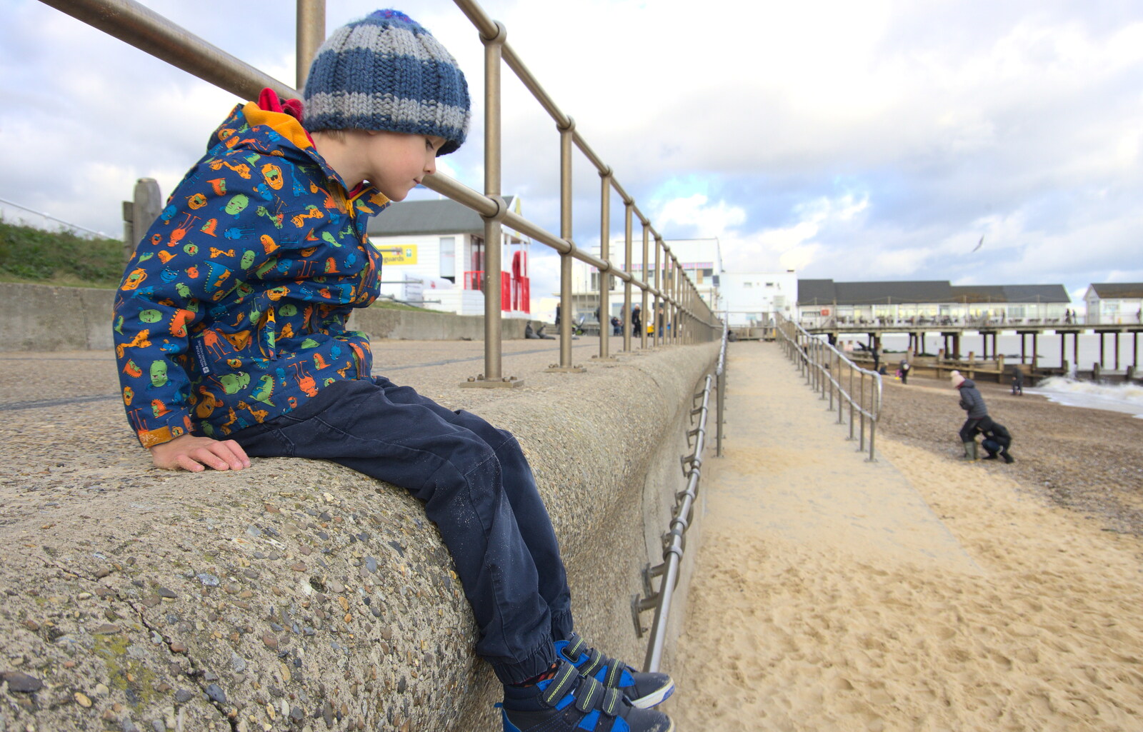 Harry on the sea wall from A Trip to the Amusements, Southwold Pier, Southwold, Suffolk - 5th November 2017