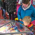 Harry looks at the 2p shove machines, A Trip to the Amusements, Southwold Pier, Southwold, Suffolk - 5th November 2017