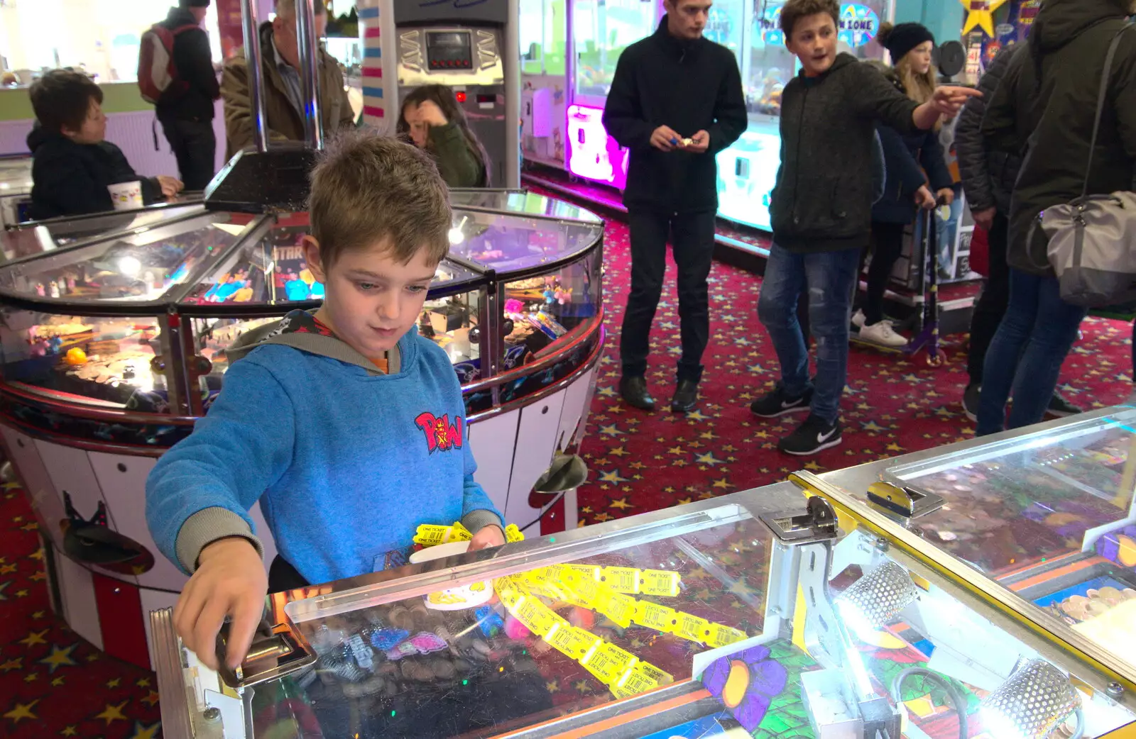 Fred has a go on the shoves, from A Trip to the Amusements, Southwold Pier, Southwold, Suffolk - 5th November 2017