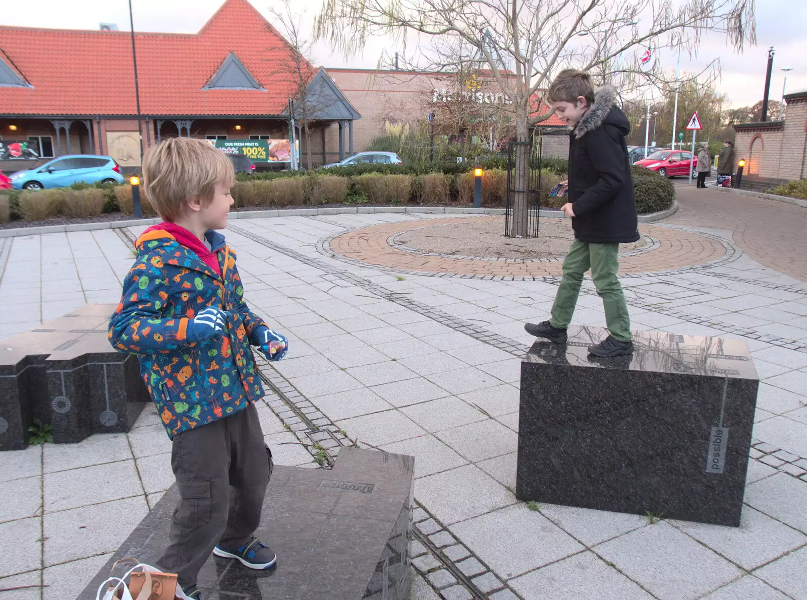 Harry and Fred mess around near Morrisons, from A Late November Miscellany, Diss, Brantham and London - 30th November 2017