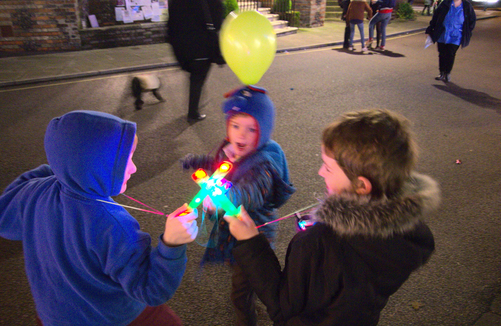 The boys play swords with LED light stick things from The Eye Christmas Lights, Eye, Suffolk - 1st December 2017