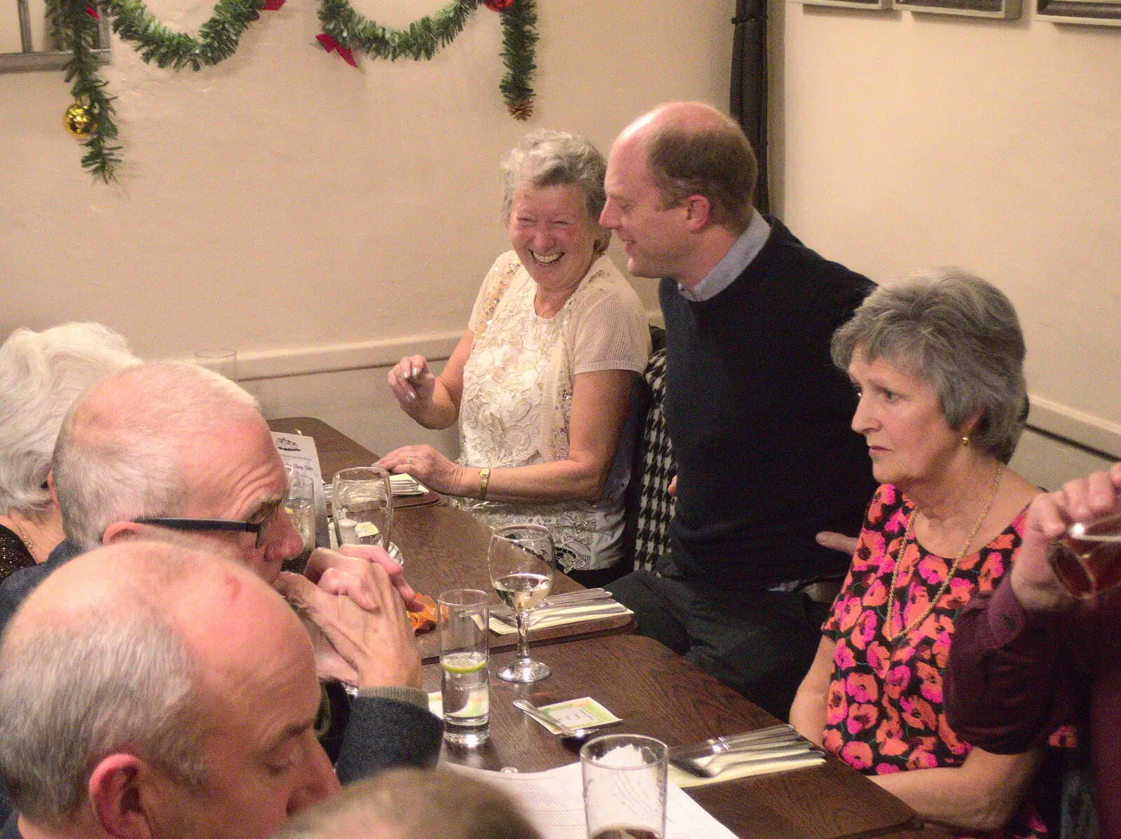 Sylvia has a laff, from The BSCC Christmas Dinner, White Horse, Stoke Ash, Suffolk - 2nd December 2017