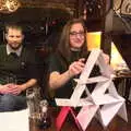 Suey does the house of cards thing with the menus, The BSCC Christmas Dinner, White Horse, Stoke Ash, Suffolk - 2nd December 2017