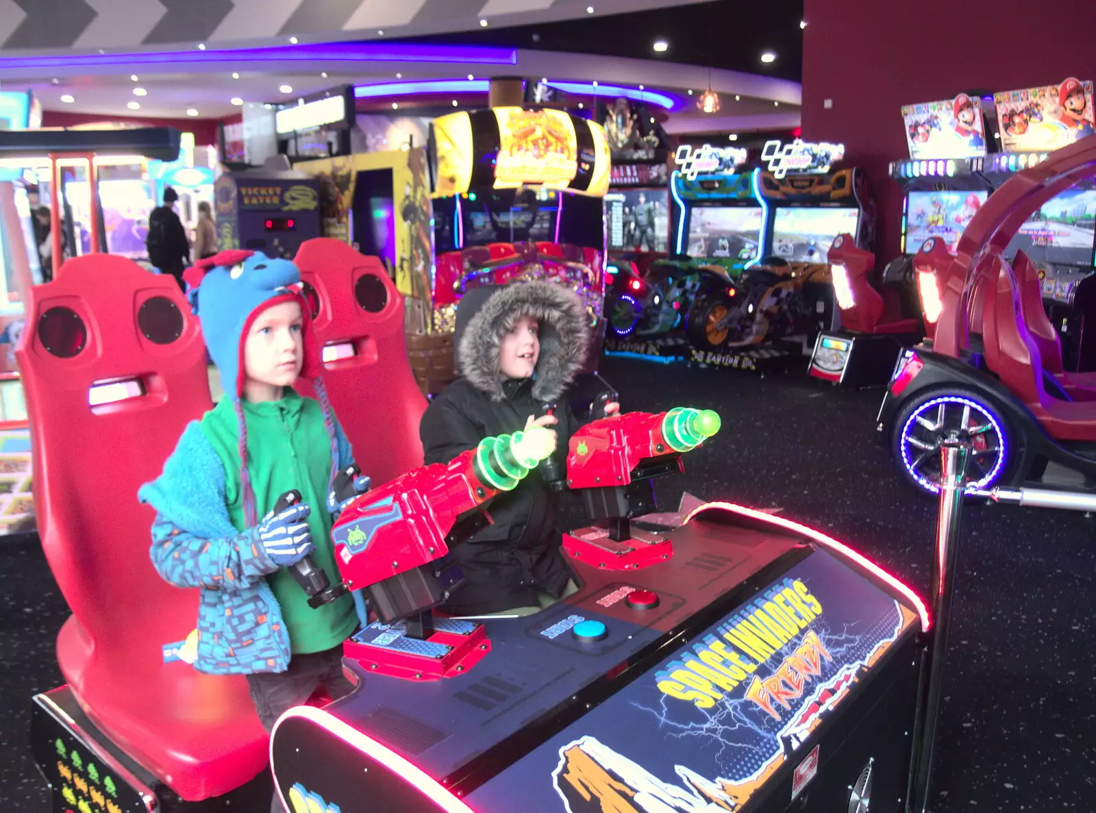 Harry and Fred do Space Invaders, from A Trip to the Cinema, Norwich, Norfolk - 3rd December 2017