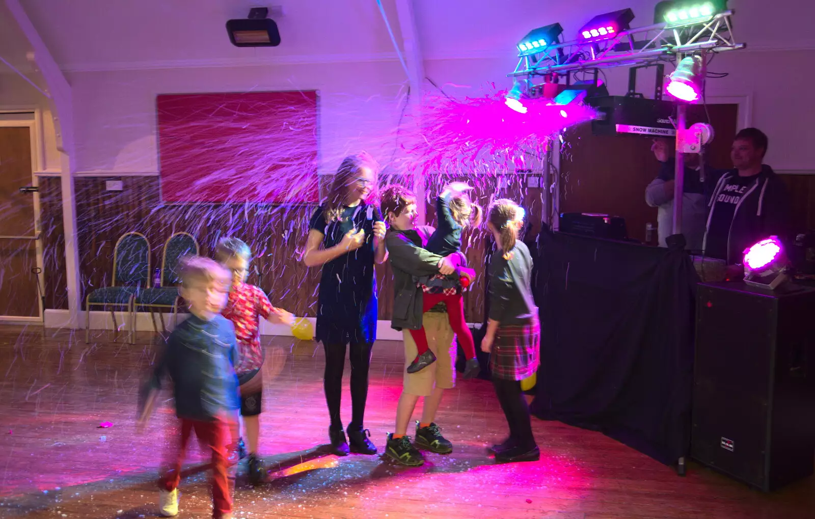 The DJ turns on the snow machine, from Bill's Birthday, The Lophams Village Hall, Norfolk - 9th December 2017