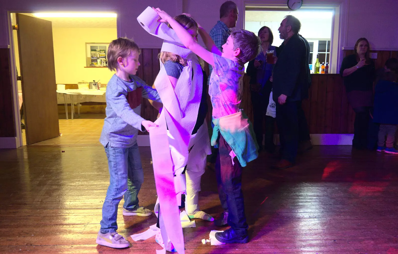 Fred rolls out more bog paper, from Bill's Birthday, The Lophams Village Hall, Norfolk - 9th December 2017