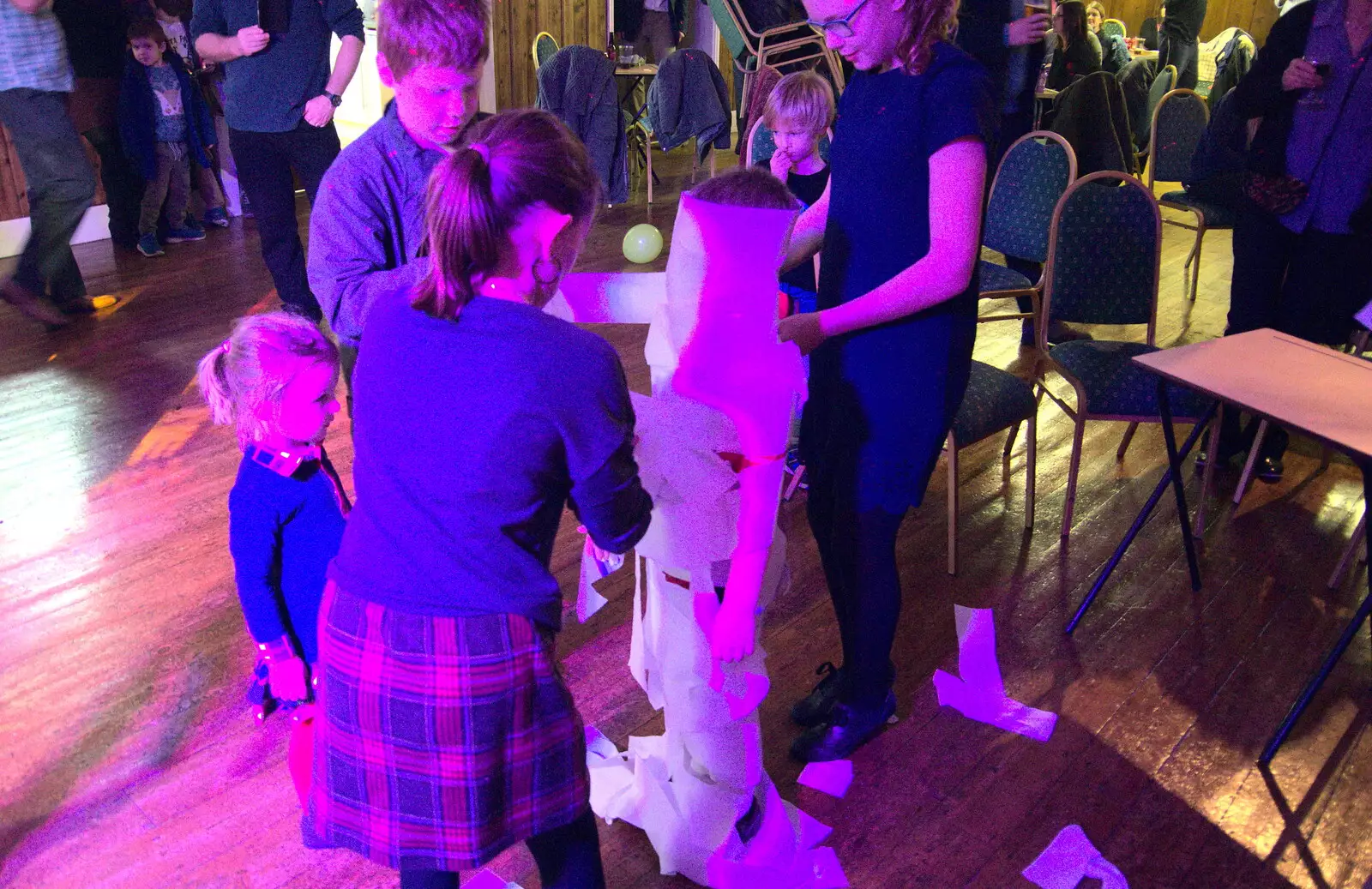 Jessica gets rolled up in toilet paper, from Bill's Birthday, The Lophams Village Hall, Norfolk - 9th December 2017