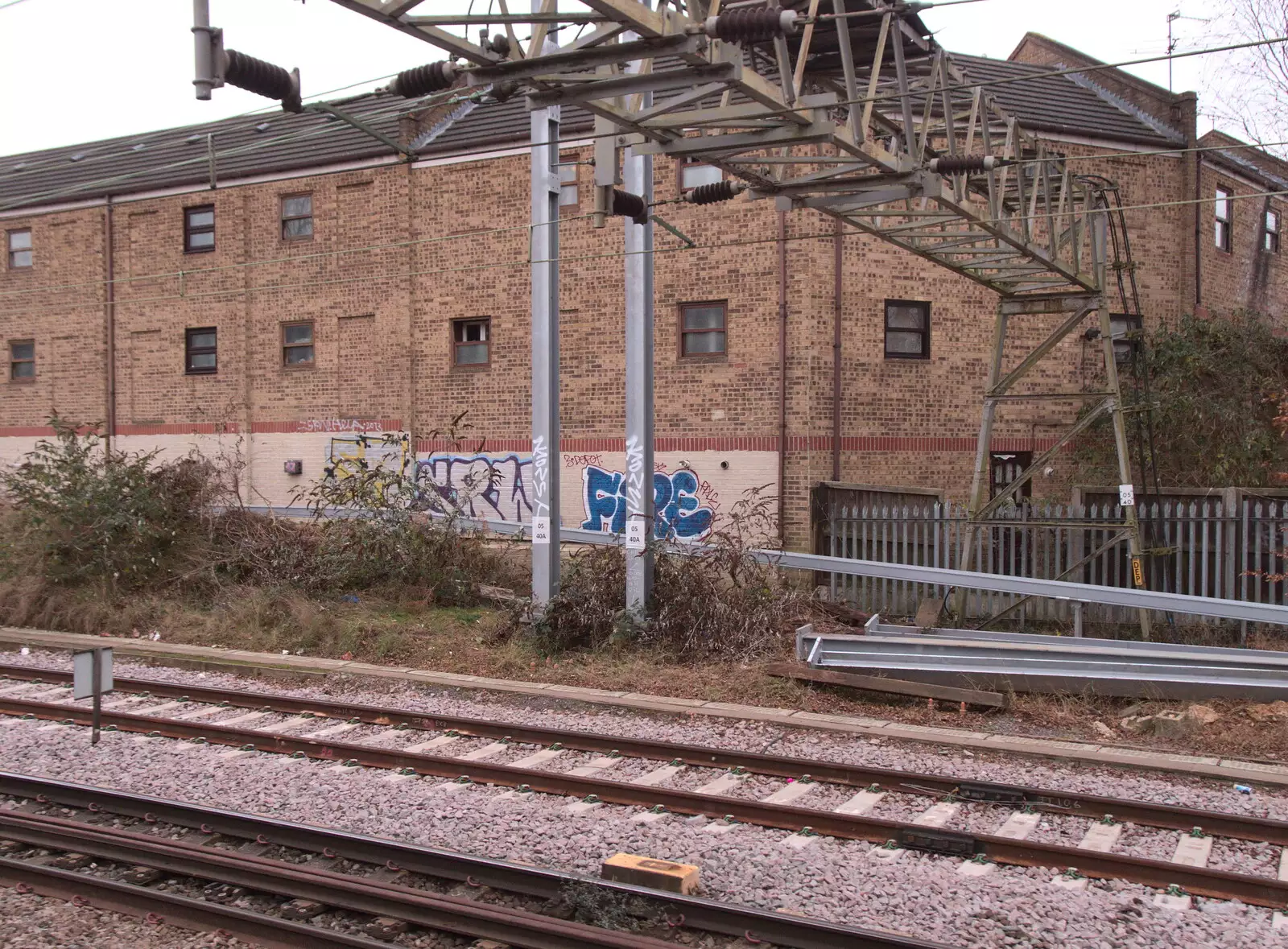 Graffiti and an overhead gantry, from An Early Snow Day and the Christmas Tree, Brome, Suffolk - 10th December 2017