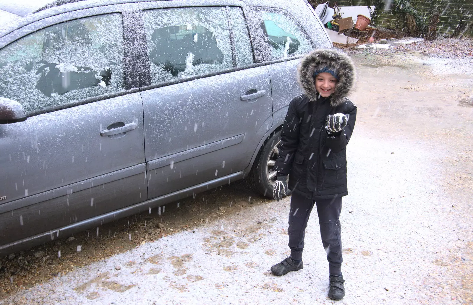 Fred makes a snowball, from An Early Snow Day and the Christmas Tree, Brome, Suffolk - 10th December 2017