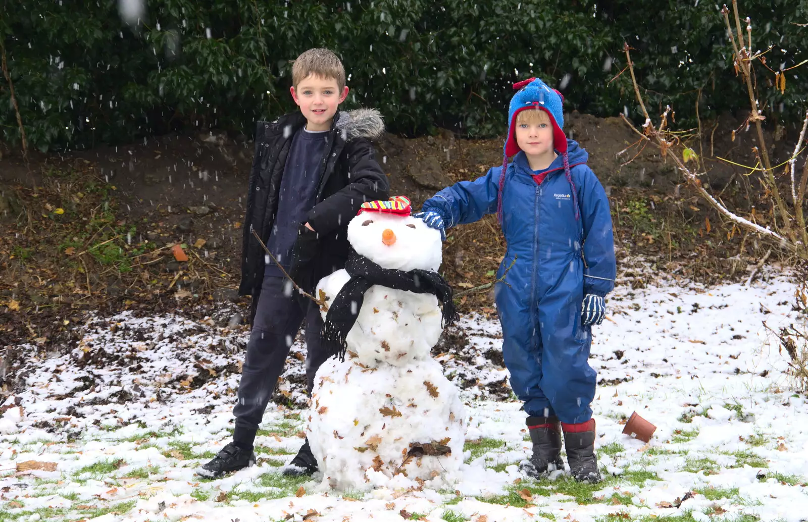 Fred and Harry with their snowman, from An Early Snow Day and the Christmas Tree, Brome, Suffolk - 10th December 2017