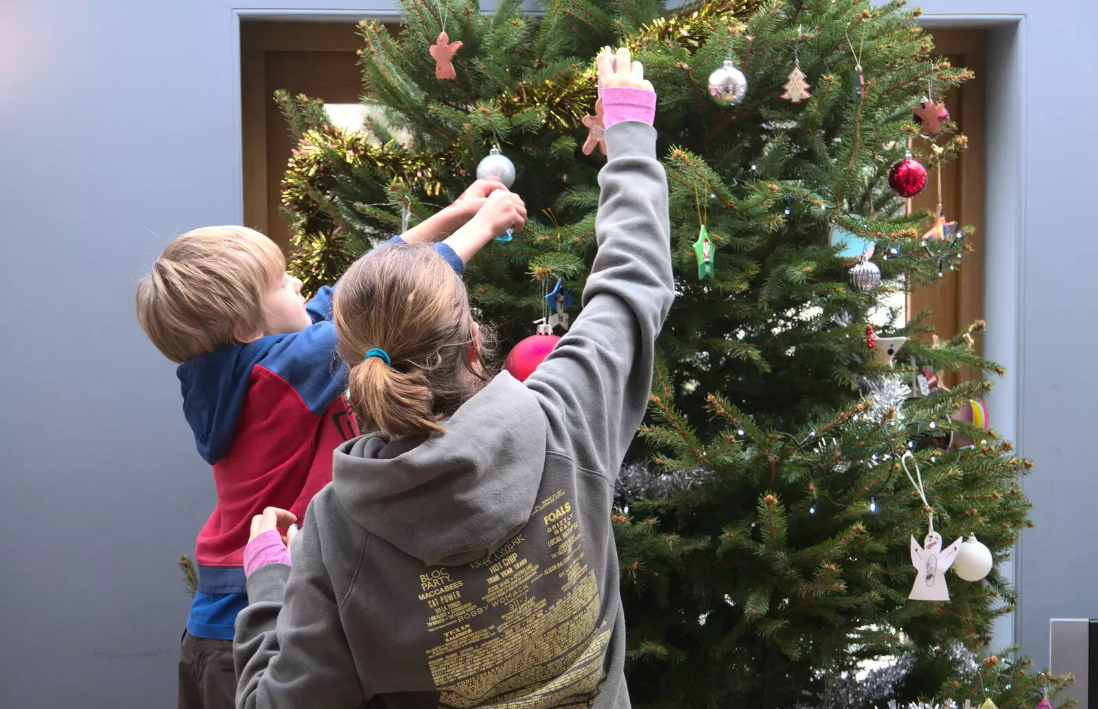 Harry and Isobel hang up baubles, from An Early Snow Day and the Christmas Tree, Brome, Suffolk - 10th December 2017