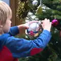 Harry's reflected in a big silver bauble, An Early Snow Day and the Christmas Tree, Brome, Suffolk - 10th December 2017