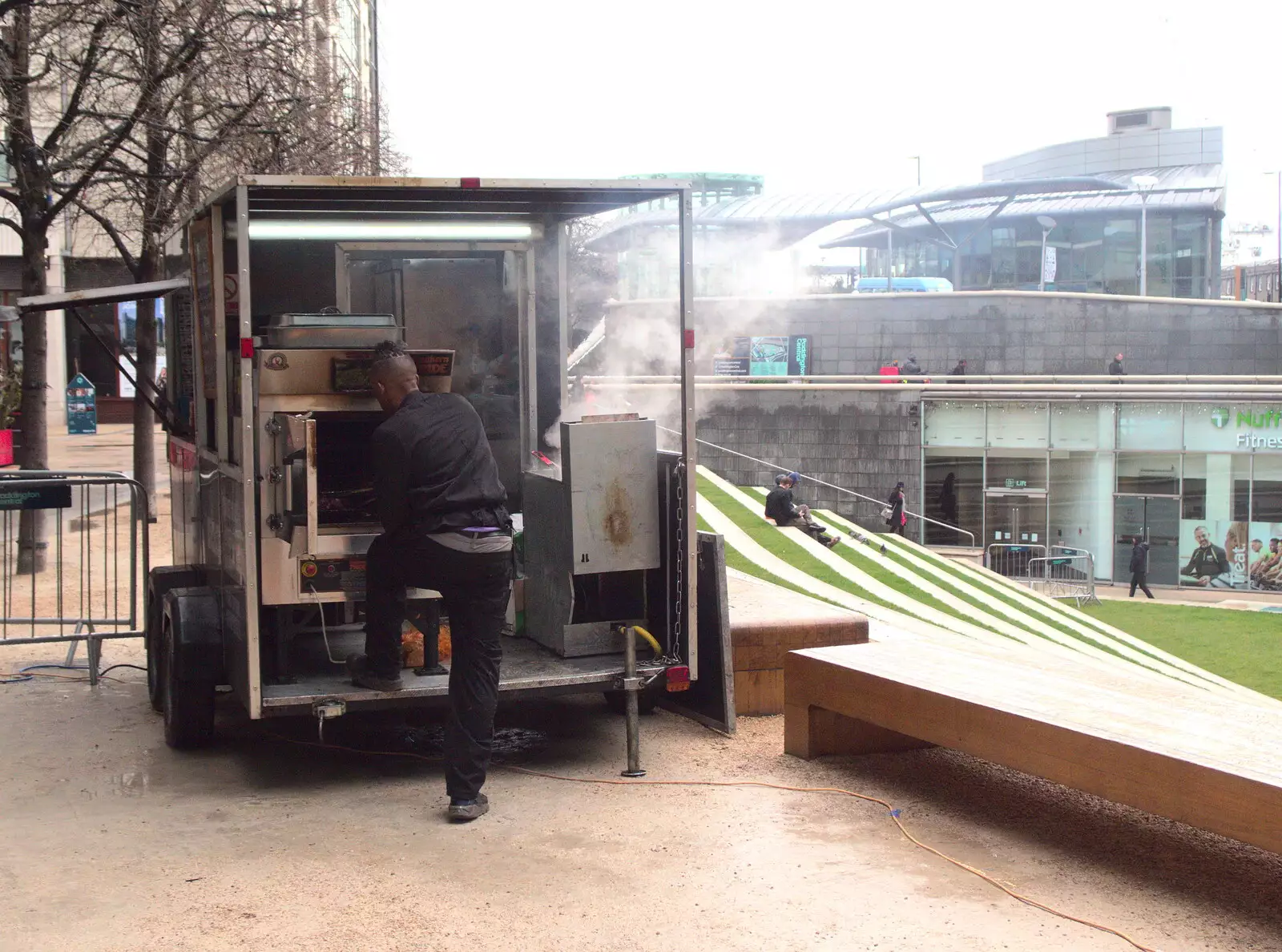 Another food van smokes out the Sheldon Square pit, from Reindeer Two Ways, Paddington and Suffolk - 19th December 2017