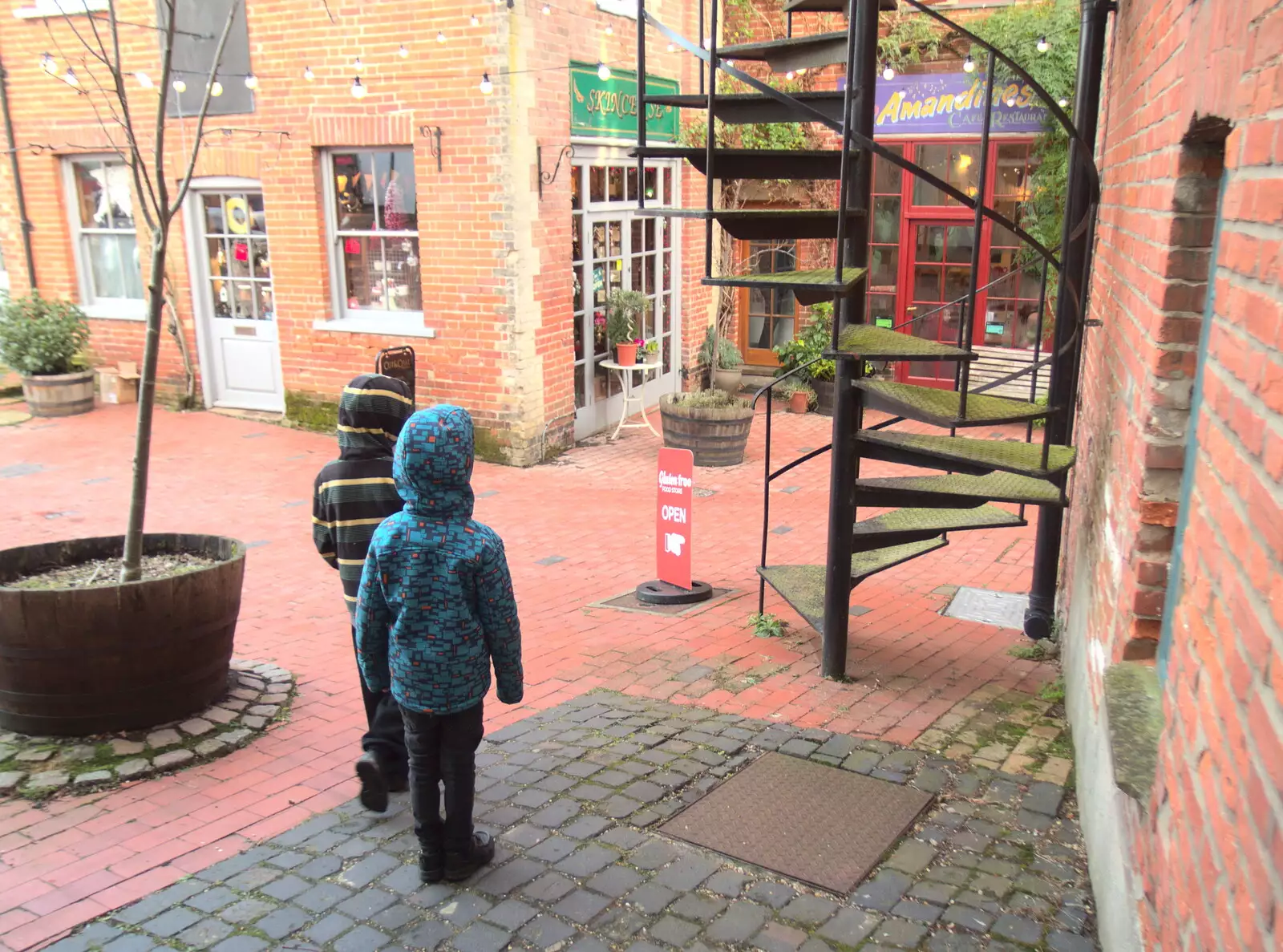 The boys stop near Amandines, from Reindeer Two Ways, Paddington and Suffolk - 19th December 2017