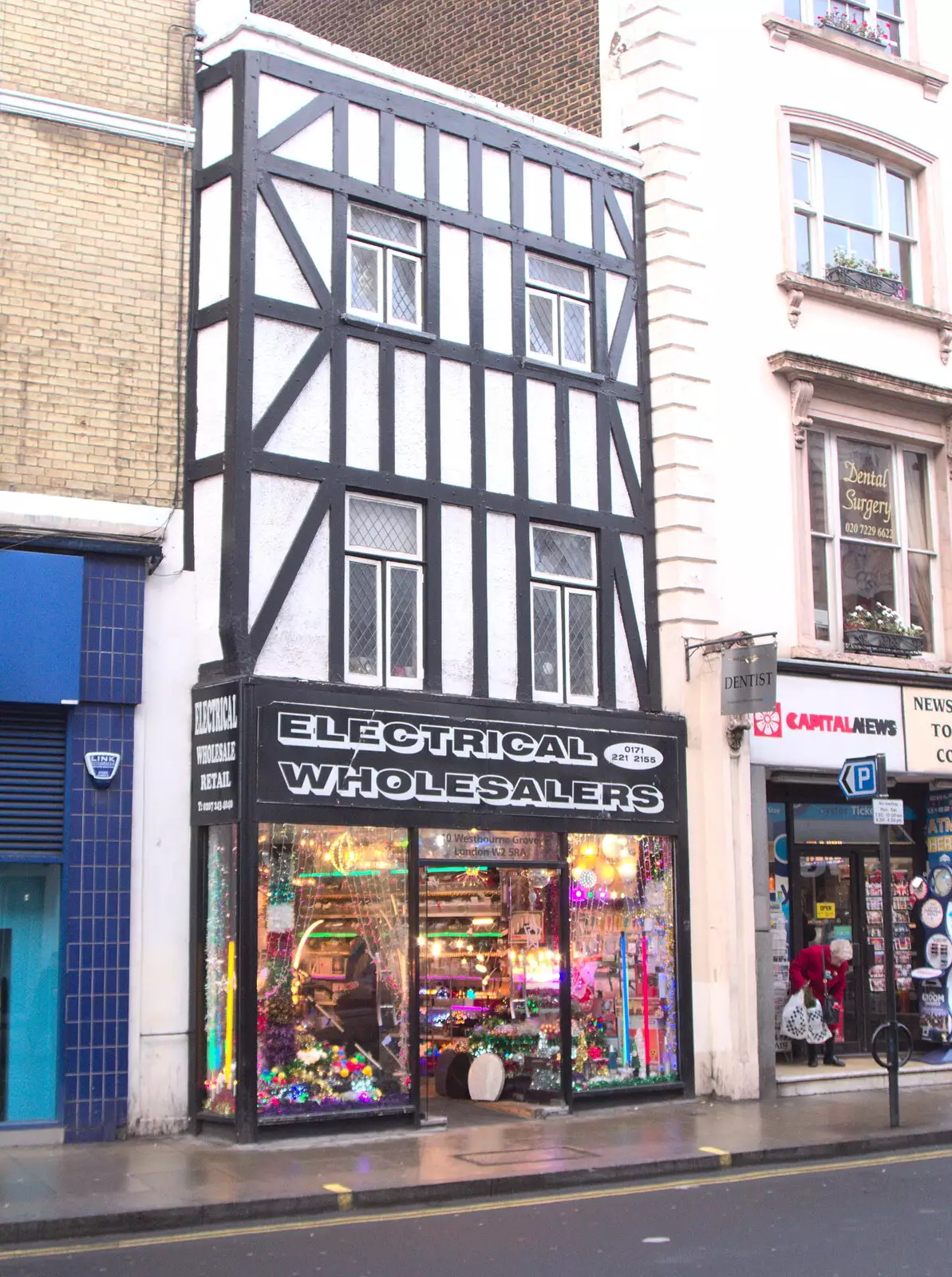 A very-out-of-place mock-Tudor electrical tat shop, from A Work Lunch in Nandos, Bayswater Grove, West London - 20th December 2017