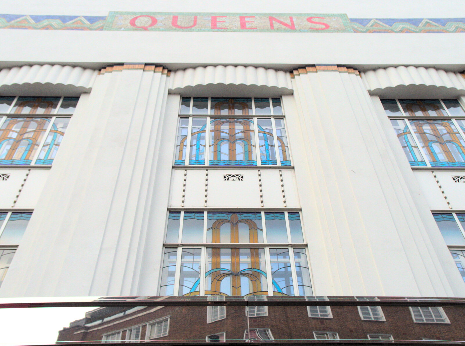 The restored Art Deco façade of Queens Cinema from A Work Lunch in Nandos, Bayswater Grove, West London - 20th December 2017