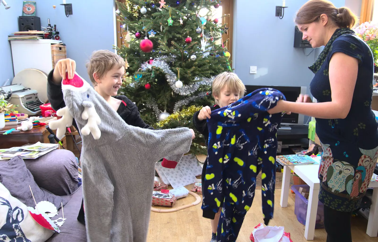 The boys get new onesies, from A Spot of Christmas Shopping, Norwich and Diss, Norfolk - 23rd December 2017