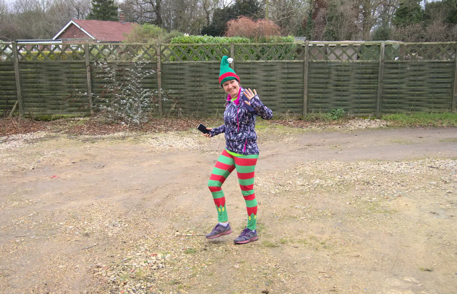 Isobel goes for a Christmas run in elf leggings, from Christmas Day and The Swan Inn, Brome, Suffolk - 25th December 2017