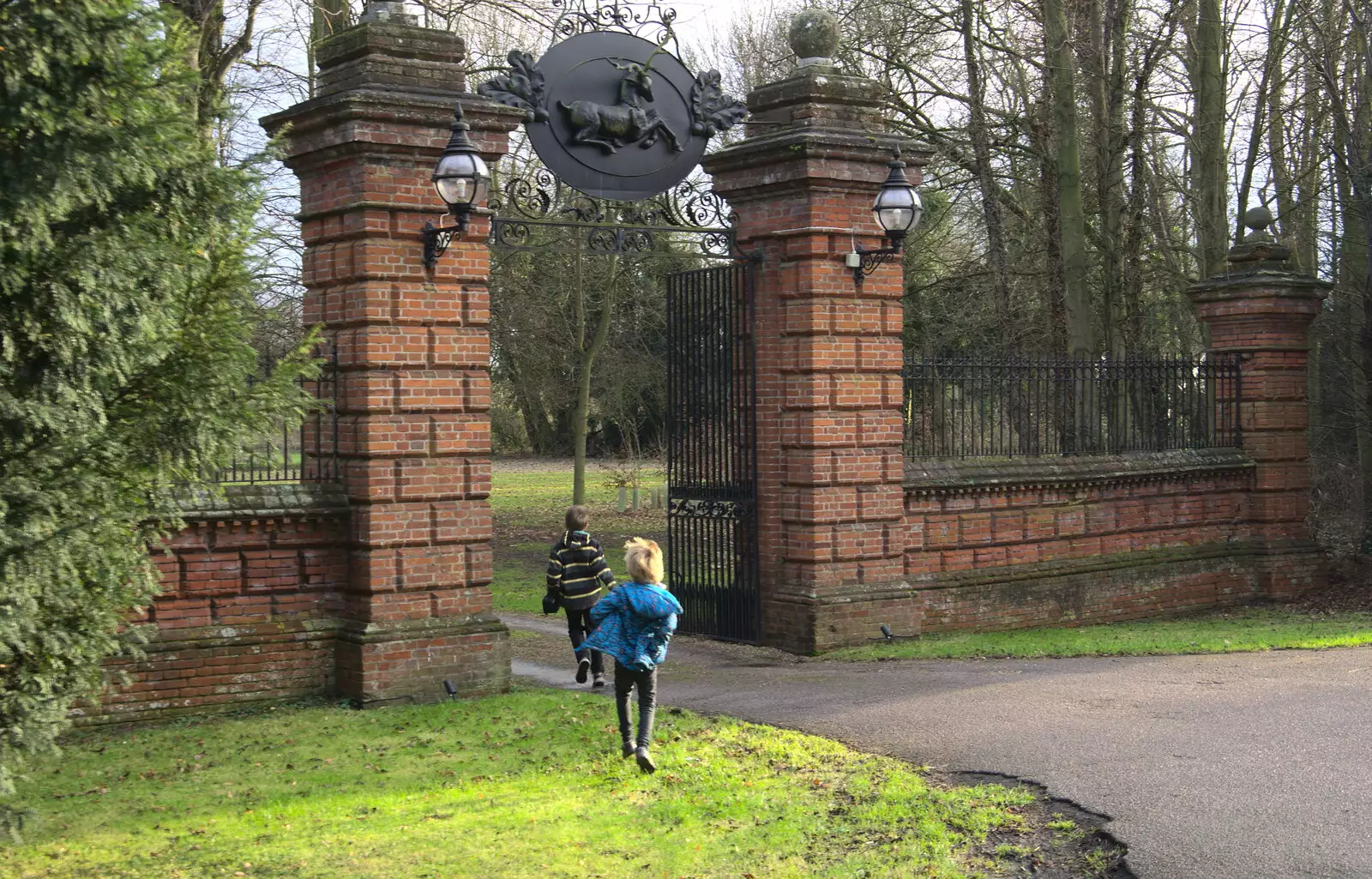 The boys run up the Oaksmere's drive, from Christmas Day and The Swan Inn, Brome, Suffolk - 25th December 2017