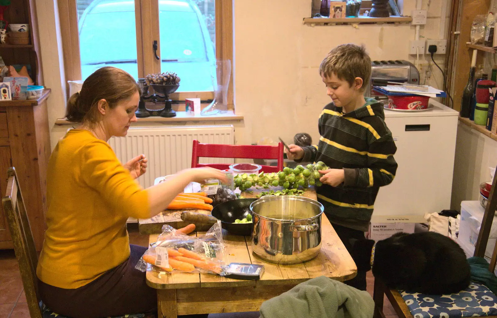 Fred helps with sprout peeling, from Christmas Day and The Swan Inn, Brome, Suffolk - 25th December 2017