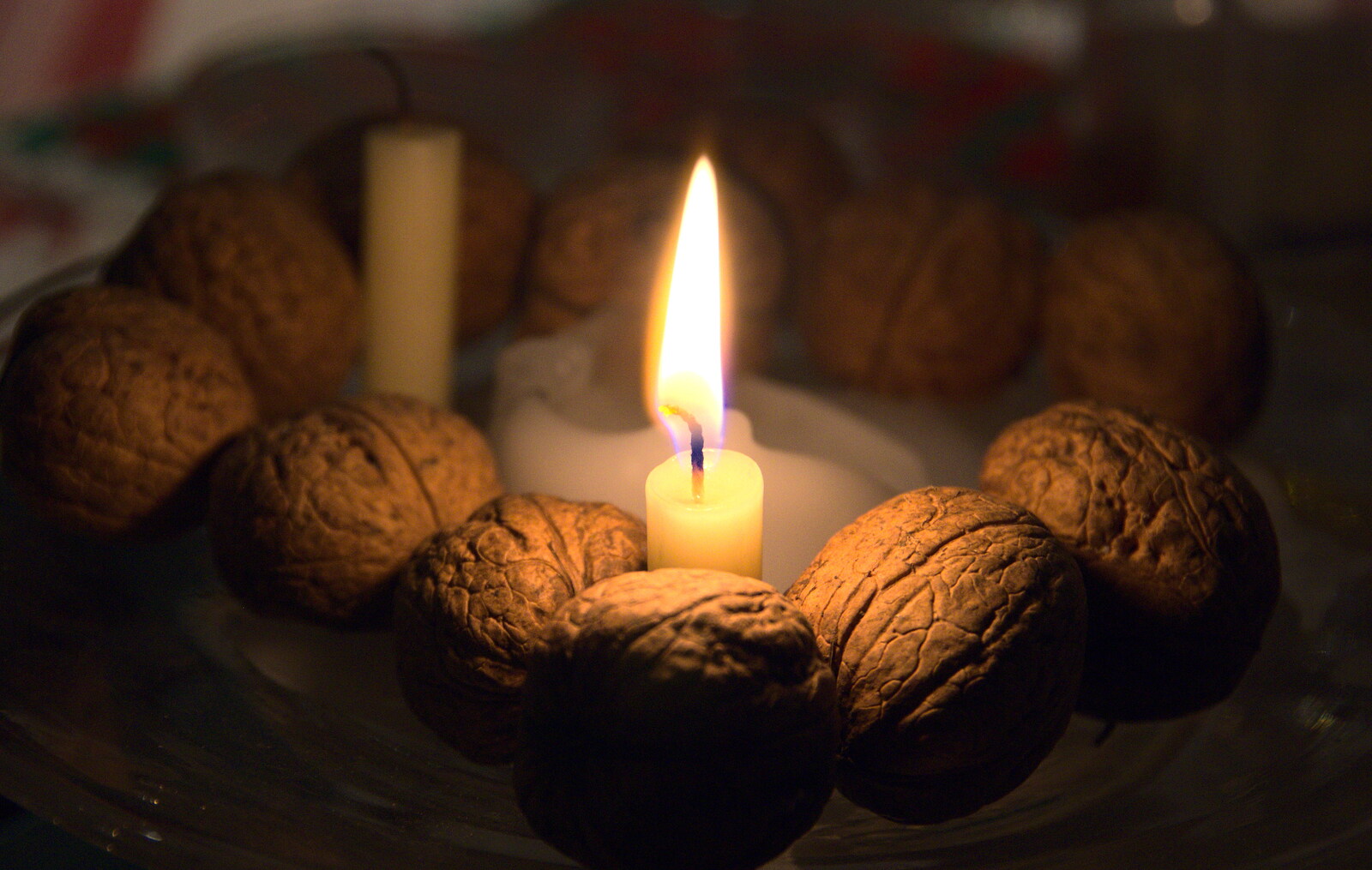 A candle and walnuts from Christmas Day and The Swan Inn, Brome, Suffolk - 25th December 2017