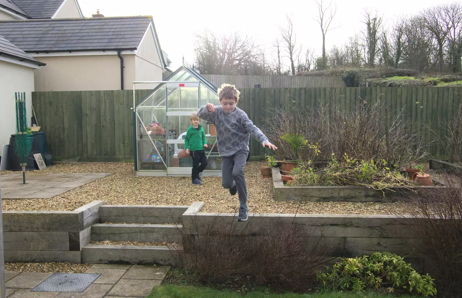 Fred hurls himself off a wall, from Killerton House, Broadclyst, Devon - 30th December 2017