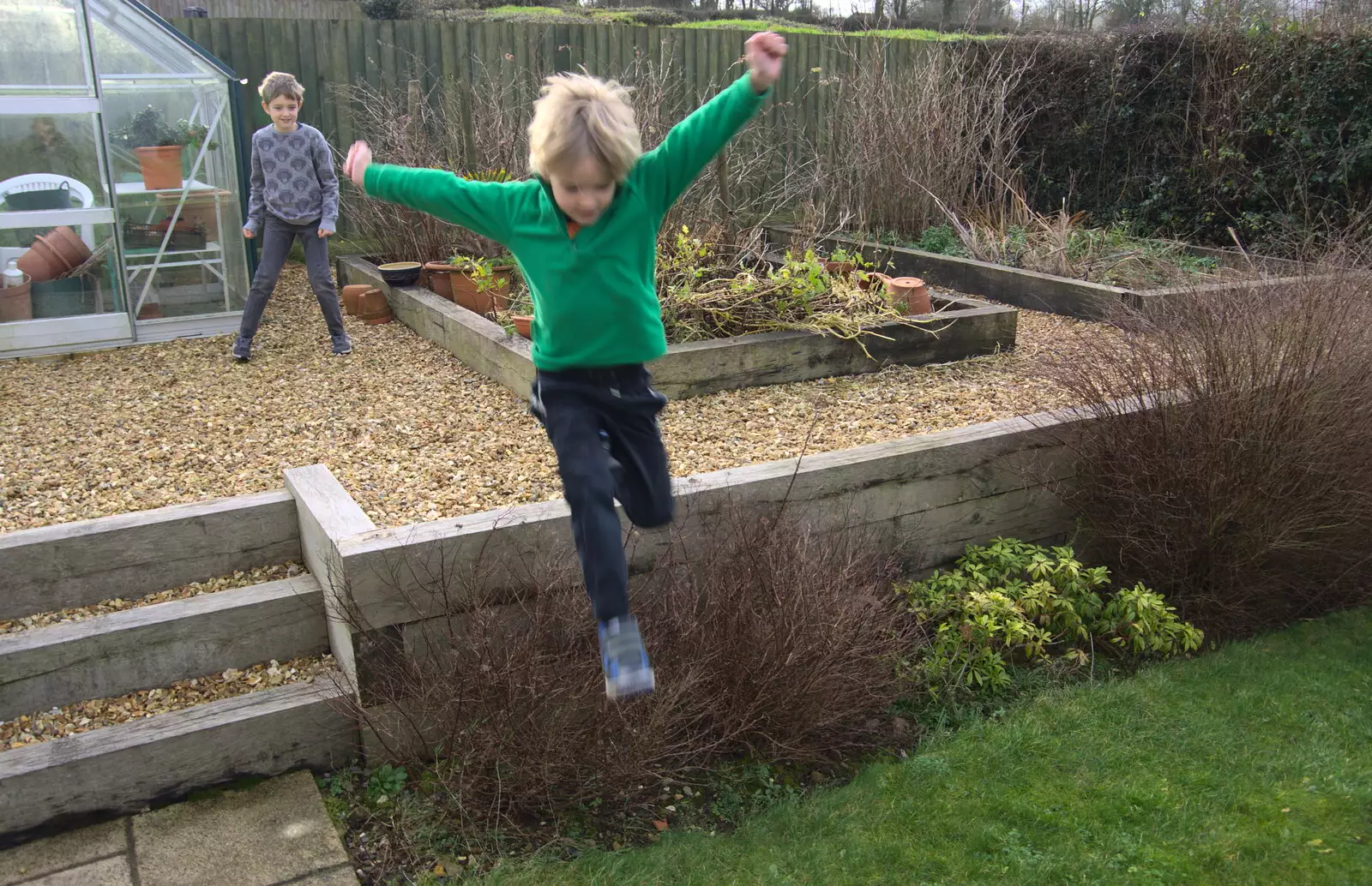 Harry jumps off the sleeper wall, from Killerton House, Broadclyst, Devon - 30th December 2017