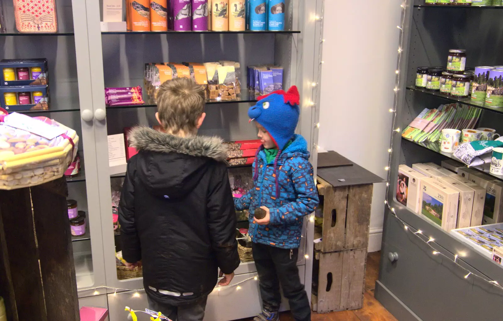 Fred and Harry in the National Trust shop, from Killerton House, Broadclyst, Devon - 30th December 2017