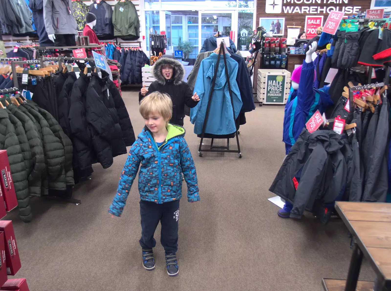 The boys mess around in Mountain Warehouse, from New Year's Eve in Spreyton, Devon - 31st December 2017