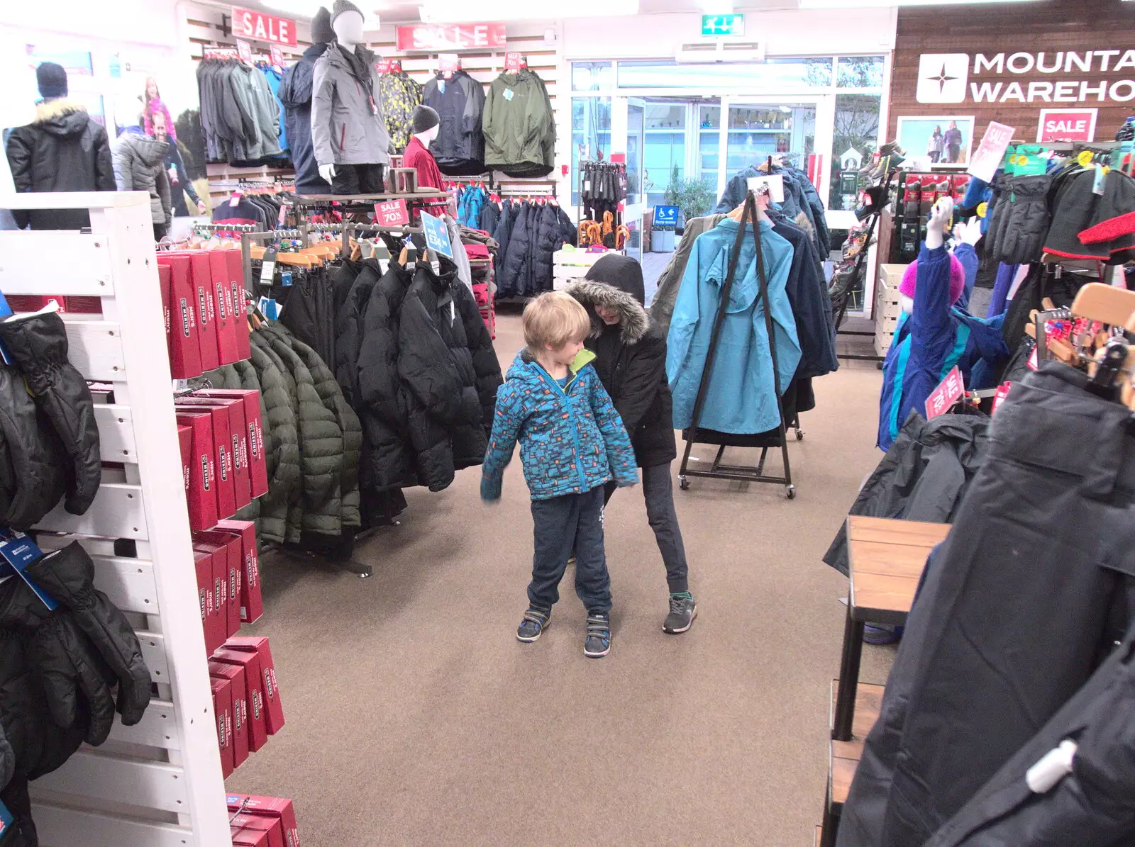 Harry and Fred in Mountain Warehouse, from New Year's Eve in Spreyton, Devon - 31st December 2017