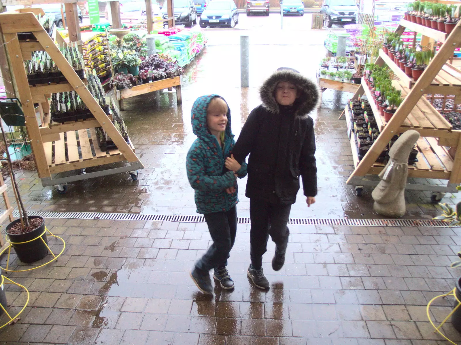 The boys in a wet garden centre, from New Year's Eve in Spreyton, Devon - 31st December 2017